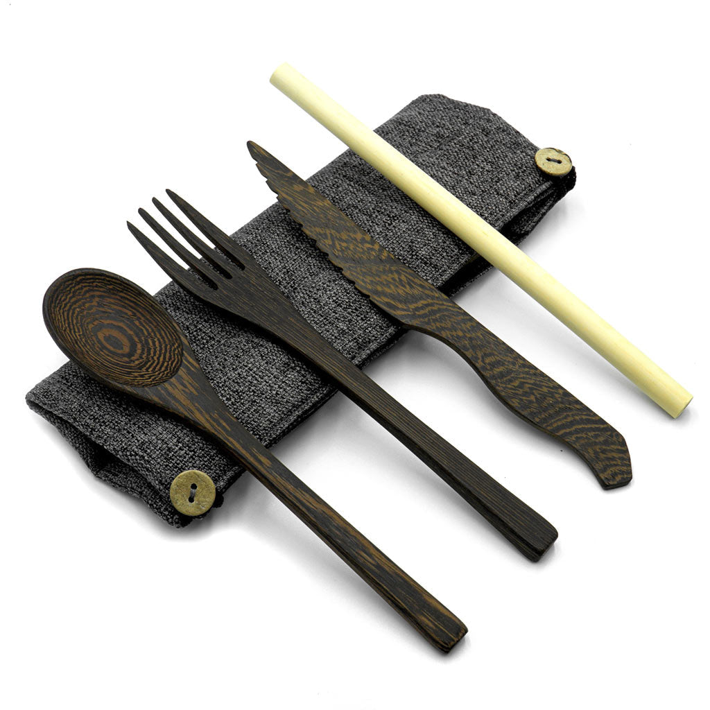 Set Posate in Legno Scuro da Viaggio (Sacchetto Marrone)