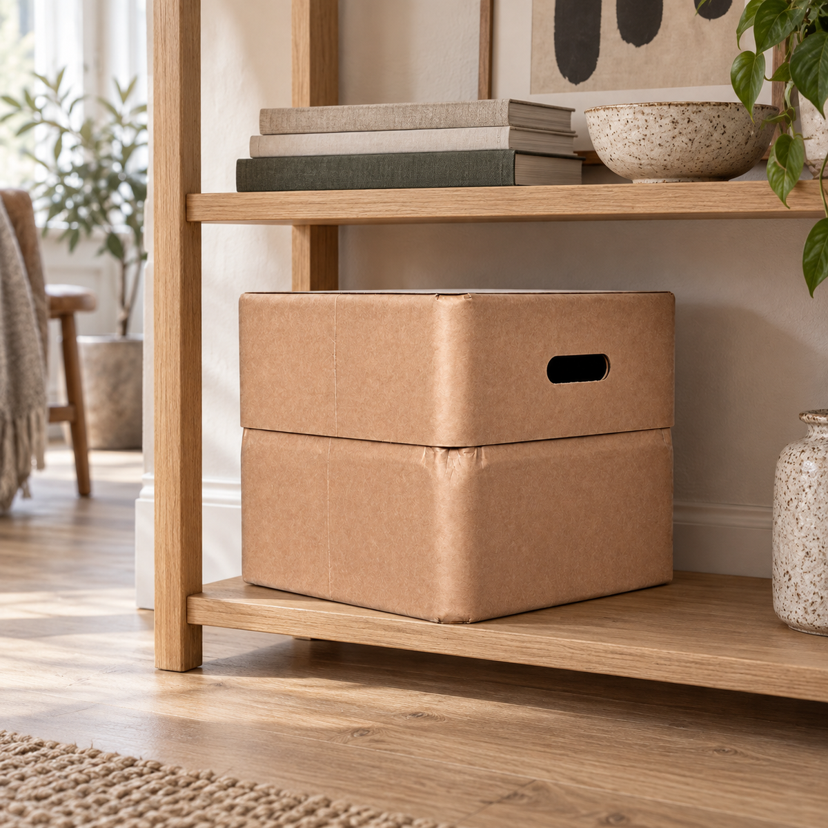 MULGEO H34 Box-Chair in Nature used as a storage box beside a green sofa