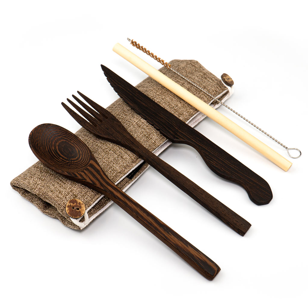 Set Posate in Legno Scuro da Viaggio (Sacchetto Marrone)