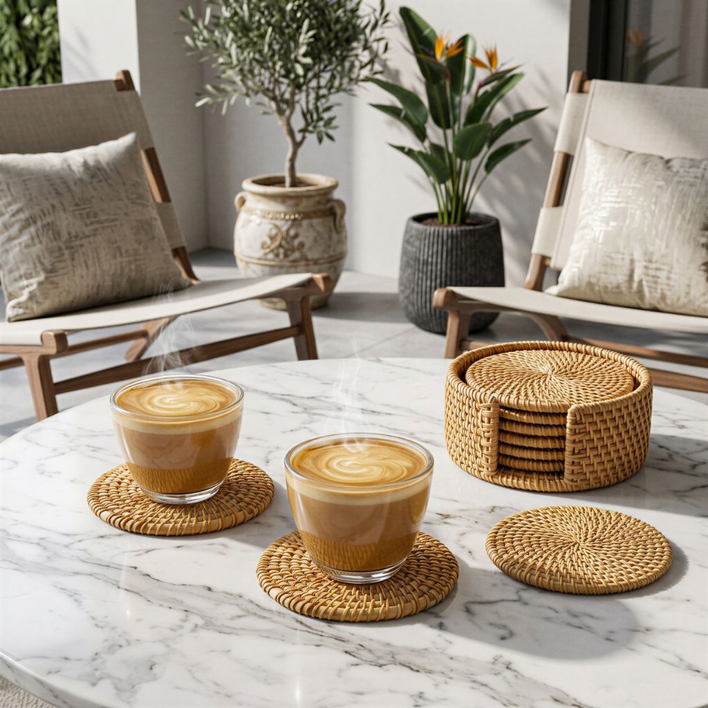 Handmade Natural Rattan Coaster Set (6 Piece + Holder) • Natural Honey