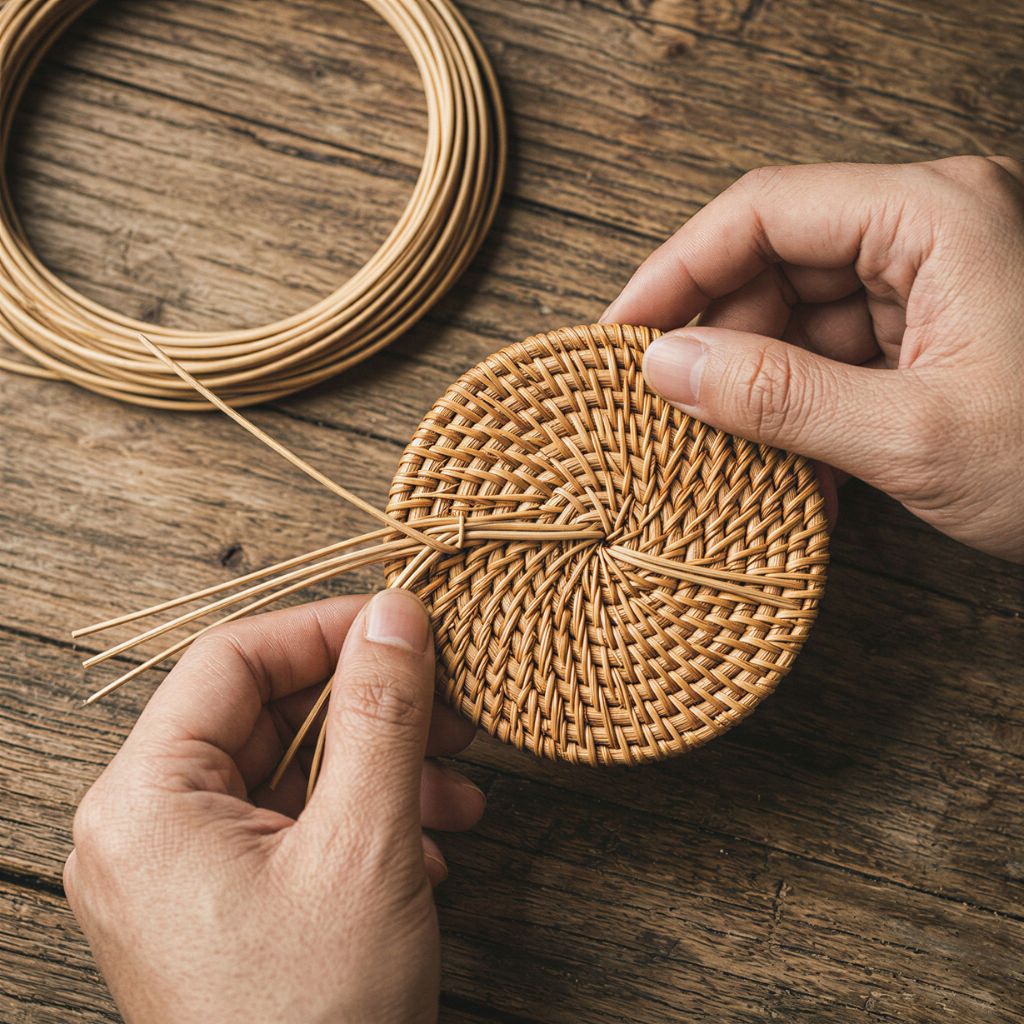 Handmade Natural Rattan Coaster Set (6 Piece + Holder) • Natural Honey